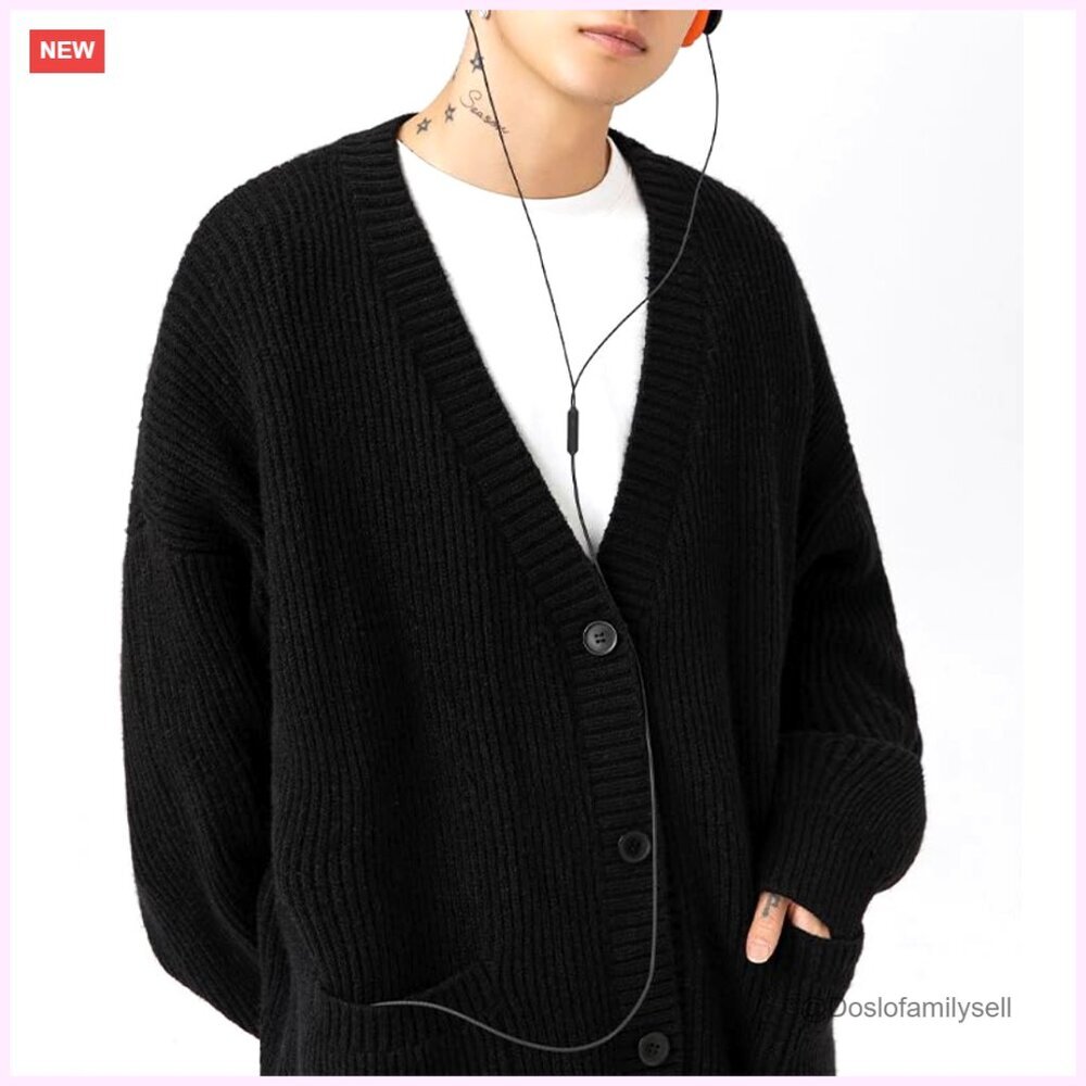 Men's Cable Knit Cardigan Sweater, V-Neck, Long Sleeve, Oversized Streetwear - Picture 6 of 7